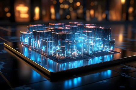 blue neon 3d matrix silver cube block on screen of smartphone intricate detail, Generated AIの素材