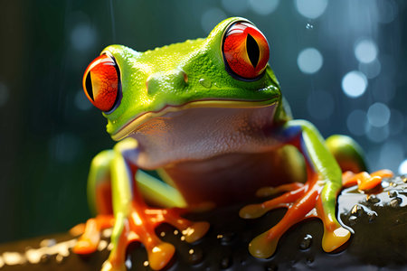 Green tree frog Agalychnis callidryas with red eyes, close-up, Generated AIの素材