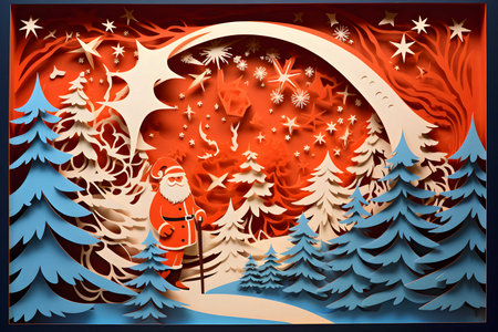 santa claus christmas papercut style, snow, tree, star, Generated AIの素材