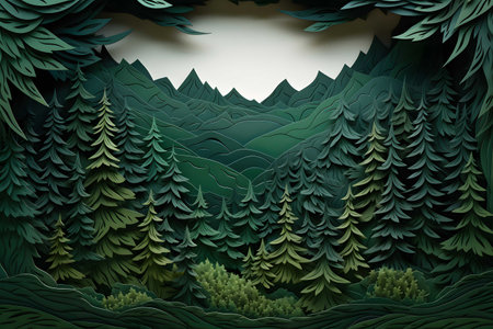forest papercut style, mountain, tree, leaf, green color theme, Generated AIの素材
