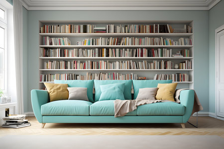 gray book shelf, modern interior design, aqua sofa color, lite brown floor, Generated AIの素材