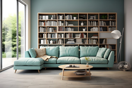 modern interior design, aqua sofa color, gray book shelf, lite brown floor, Generated AIの素材