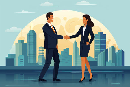character design shakehand, businesswoman and businessman, building background, Generated AIの素材