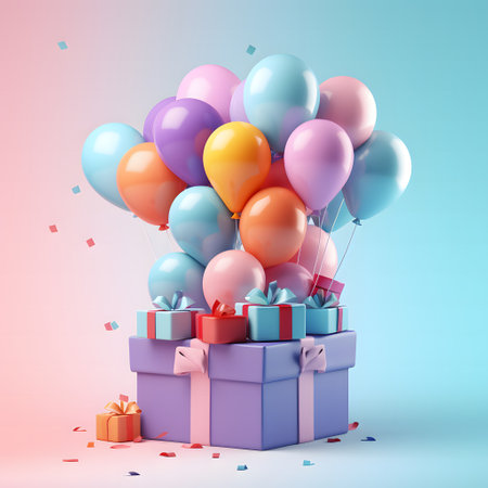 3d clay illustration, opened gift box balloons, gradient background, Generated AIの素材