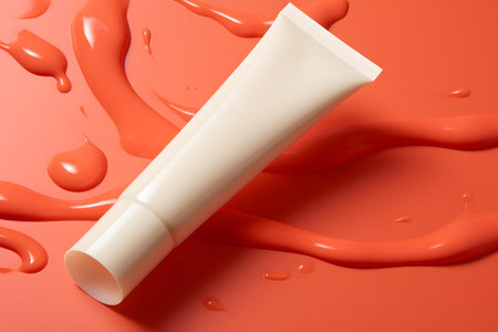 a solid white cream tube on coral color background, Generated AIの素材