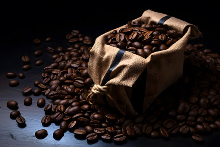 coffee bag wrapped in coffee beans, top down view and dark background, Generated AIの素材
