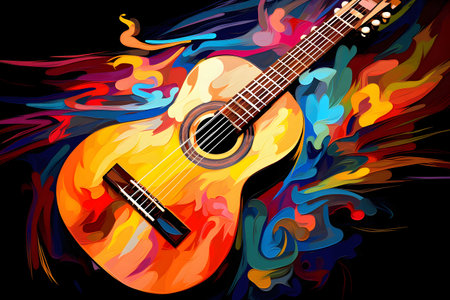 Abstract synthetism art of guitar, vibrant color, Generated AIの素材