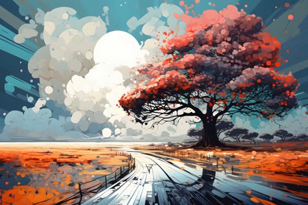 glitch art of realistic big tree among field, daylight, Abstract Art, Generated AIの素材