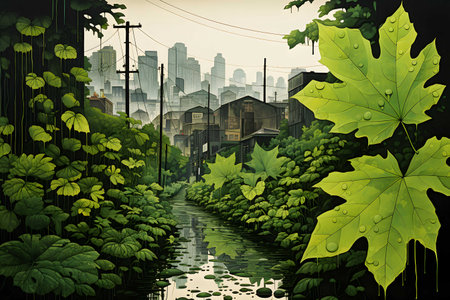 green leaf and city, pointillism art, Generated AIの素材