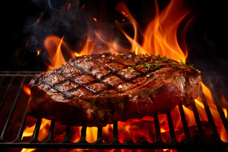 Grilled steak on the grill with flame in dark black background, Generated AIの素材