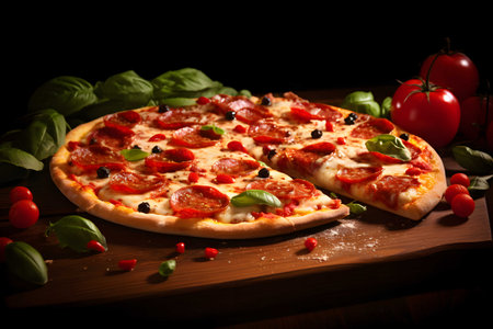 sliced Pepperoni Pizza with Mozzarella cheese, Tomatoes, pepper, salami, Spices and Fresh Basil, Generated AIの素材