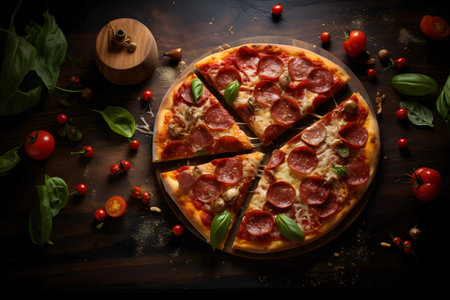 sliced Pepperoni Pizza with Mozzarella cheese, Tomatoes, salami, pepper, Spices and Fresh Basil, Generated AIの素材