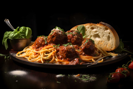 Italian spagetti and meatballs, garlic bread, Generated AIの素材
