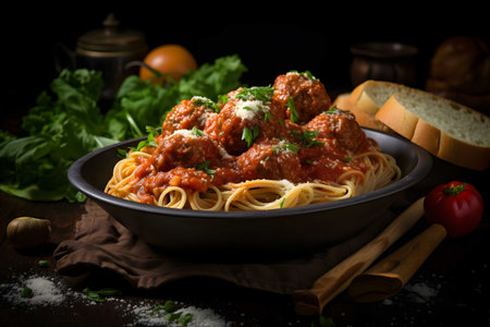 Meatballs and spagetti italian, garlic bread, Generated AIの素材
