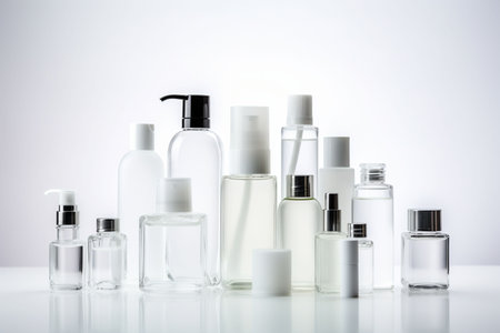 Group of glass cosmetic bottles of different volume on white background with reflection, Generated AIの素材