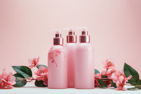 Three cosmetic bottles of different volume on pink background with flower, Generated AIの素材