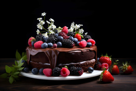 Chocolate cake and raspberry decorated with fresh flowers, Generated AIの素材