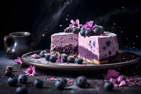 blueberry pudding cheesecake pie with color black backgroundの素材