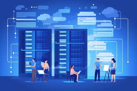 flat vector design of computer server concept information data with group of people, Generated AIの素材