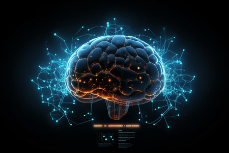 technology concept wireframe mesh of brain, Generated AIの素材
