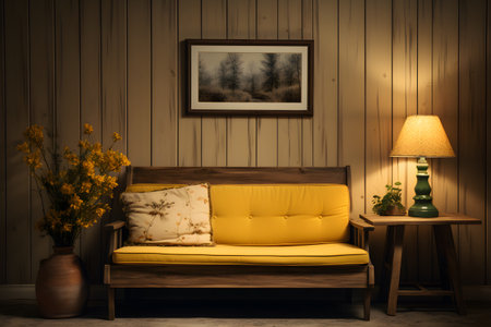Classic interior design room, wooden bench table, yellow tone in background, Generated AIの素材
