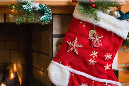 A close-up of a Christmas stocking hung by the fireplace, with a name tag on it, Generated AIの素材