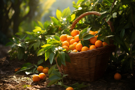 orange fruit with green leaves on the wood, Generated AIの素材