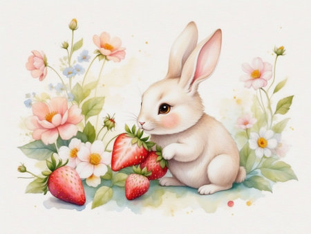 Watercolor a cute kawaii Rabbit eating strawberries, colorful flowers in pale colors on the background, Generated AIの素材