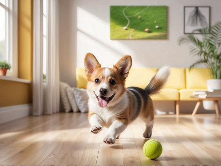 Welsh Corgi puppy running to catch a tennis ball in living room, Generated AIの素材