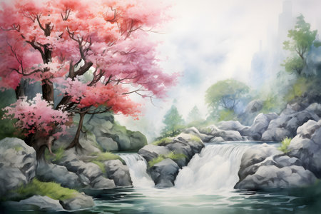 Watercolor of a waterfall with large trees with pink leaves, Generated AIの素材