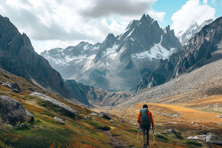 adventurous solo traveler backpacking in a red jacket in a beautiful mountain landscape, Generated AIの素材