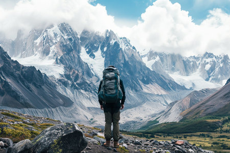 adventurous solo traveler backpacking blue color in a scenic mountain landscape, Generated AIの素材