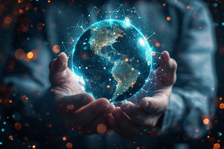 Businessman holding a global network in his hand, Business concept, Generated AIの素材