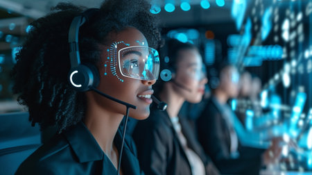 Diverse Customer Service Team representatives using cutting-edge communication technology, AR headsets and AI assistants, Generated AIの素材