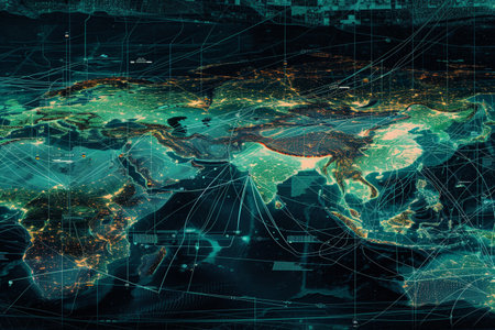 In this striking satellite image of the Earth, data visualizations overlay the landscape, revealing the extensive network of international trade routes and interconnected global business networks, Generated AIの素材