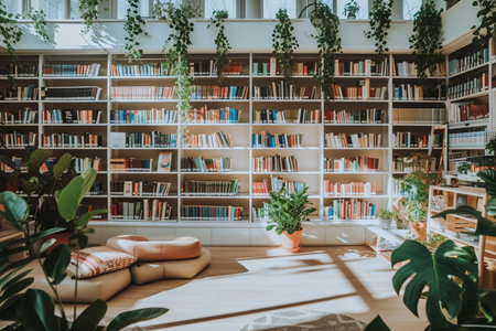 With its warm illumination, the modern minimalist office library beckons, boasting meticulously curated bookshelves, inviting reading nooks, and lush greenery strategically placed throughout, Generated AIの素材