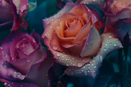 Captured in exquisite detail, this close-up of dew-kissed roses at dawn reveals the intricate textures of their petals and the vibrant hues of their colors in a mesmerizing macro shot, Generated AIの素材