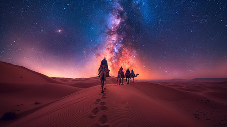 A Milky Way vista with a tribal caravan leading camels over a sand dune, Editorial and Magazine Photography Style, Generated AIの素材