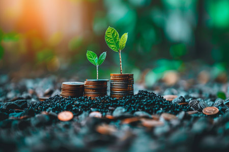 A striking visual representation emerges as a plant emerges from a row of coin stacks, showcasing the symbiotic relationship between financial stability and sustainable investments, Generated AIの素材