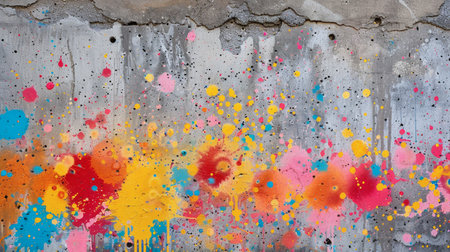With its splatter stain old texture, the spray-painted concrete wall exudes character, boasting vibrant colors that bring a sense of vibrancy and liveliness to the urban environment, Generated AIの素材