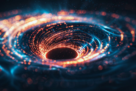 Through a close-up lens, the black hole emerges with bright circles of light, presenting a captivating sci-fi concept that delves into the mysteries of the cosmos, Generated AIの素材