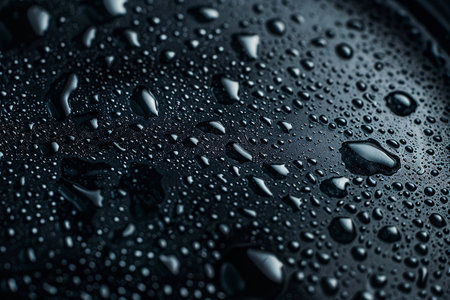 Free space view Black water drops condensate surface, abstract background with bright bubbles, clean close-up of cold condensation, cool dark dew droplets glistening on glasses, Generated AIの素材