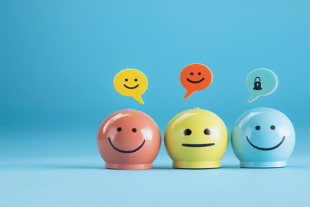 A plain blue background featuring symbols of customer service and satisfaction, such as smiling faces, communication bubbles and service bells on one side, Generated AIの素材
