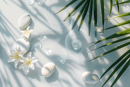 White stones, lily flowers, and sun shadows creating a beautiful spa background on a transparent surface, clean white water surface with palm leaves, Generated AIの素材