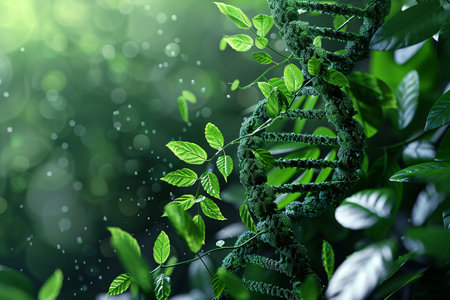 Graphic representation of a plant and DNA, highlighting the concept of synthetic biology and green biotechnology, Generated AIの素材
