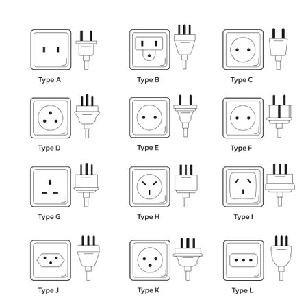 electric outlets on a white background, featuring a diverse set of power sockets