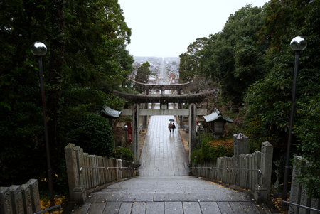 Fukuoka, Japan - December 12, 2023: Sunset viewpoint on a rainy day at Miyajidake Shrineのeditorial素材