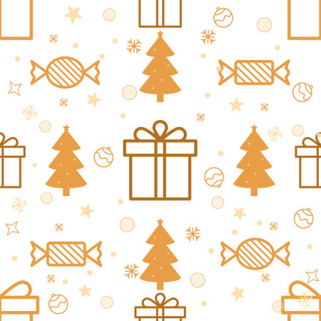 Golden Giftbox and Snowflake Seamless Pattern, texture clothing scarf decoration. for Christmas and New Yearのイラスト素材