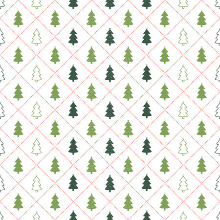 Seamless Pattern Christmas Tree, Dash Line, Scott Gingham Background, for Christmas and New Year Festivalのイラスト素材
