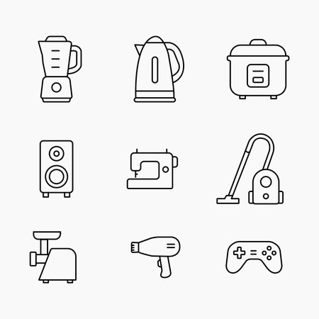 set of outline icon featuring everyday electrical appliances like blender, kettle, vacuum and more, vector illustrationのイラスト素材